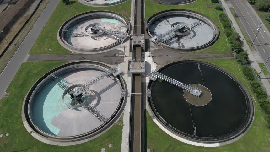 An aerial view of a factory building