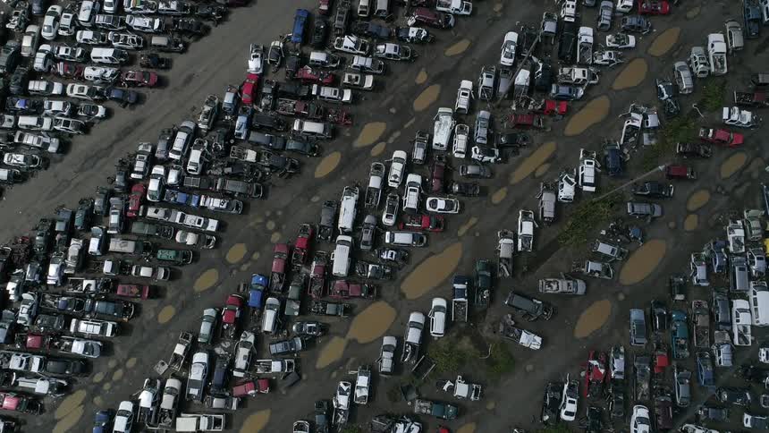 An aerial view of a parking lot