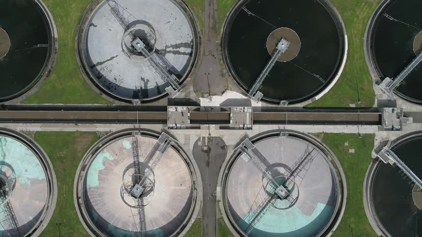 Birds eye view of circular buildings at a factory