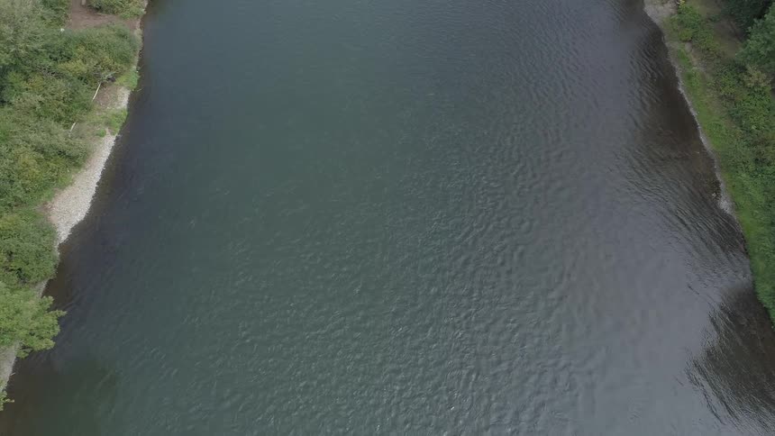 Birds eye view of a river and shore