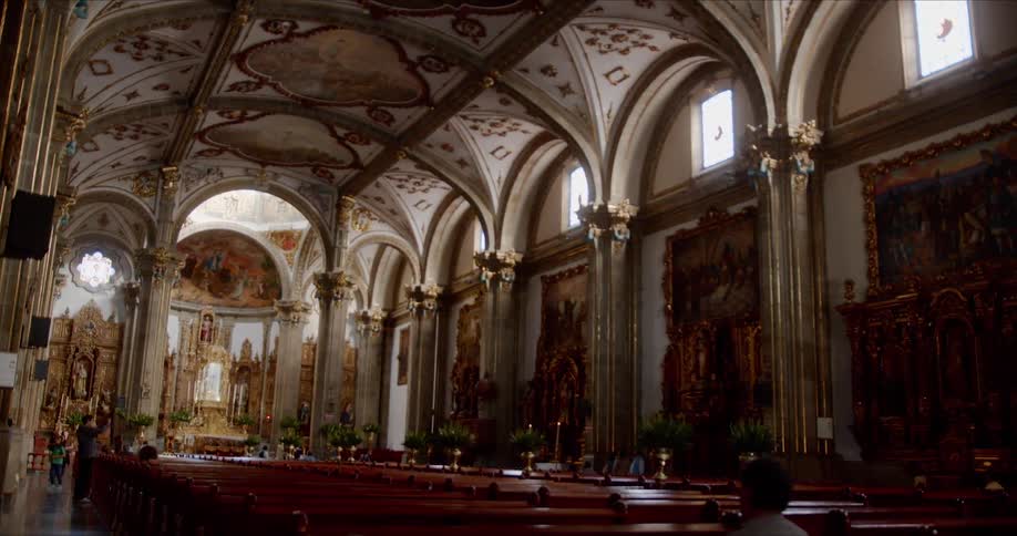 A wide shot of a church