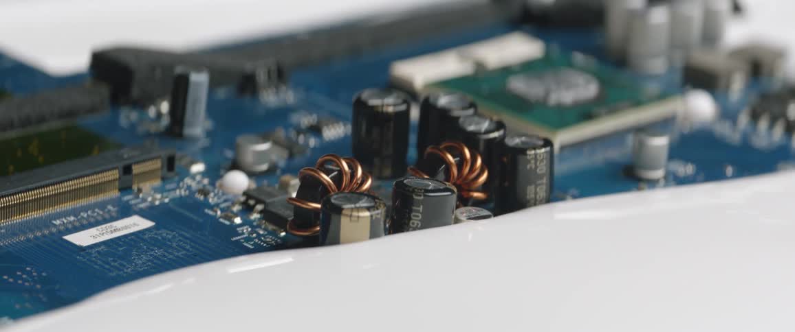 A printed circuit board with different transistors and capacitors