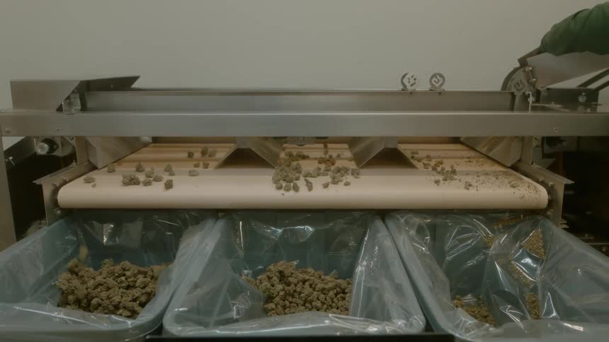 A person loads marijuana buds into a receptacle that feeds down onto a conveyor belt leading to plastic lined buckets