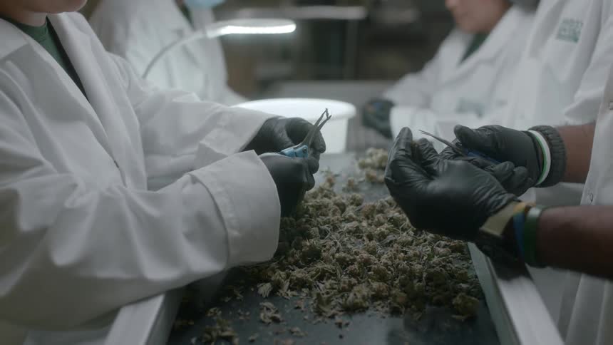People clipping herbs in a factory