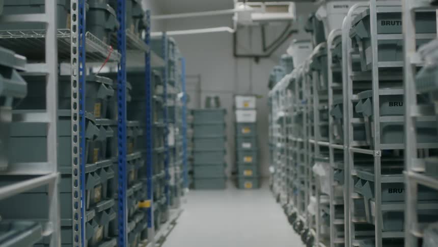 Plastic tubs are stacked on shelves line up in rows with aisle between them
