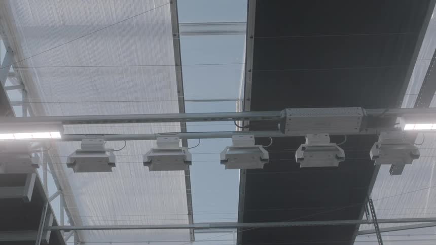 Overhead track lights in a commercial building