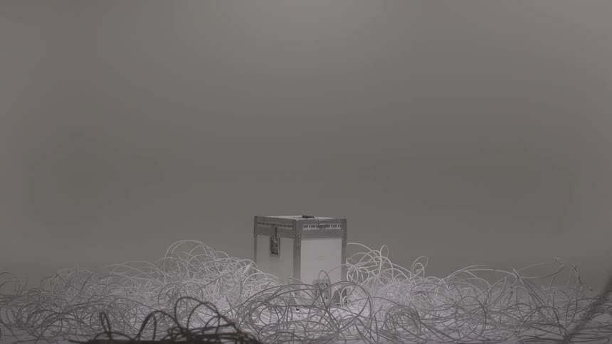 A white trunk is surrounded by wires and cables