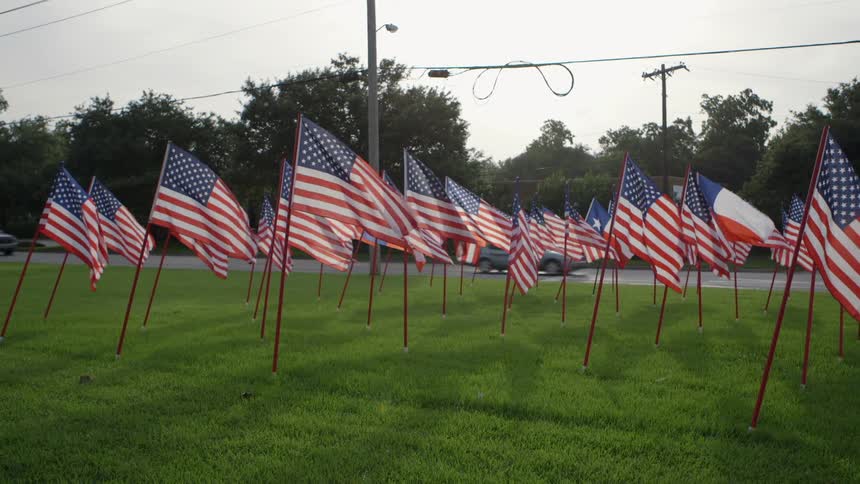 Rows of american flags blow in the wind