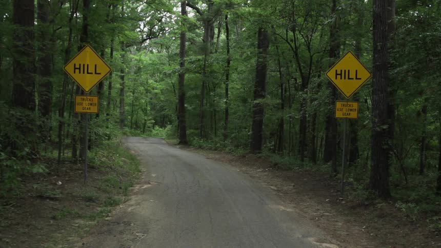 A trail has a heavy forest around it with two signs