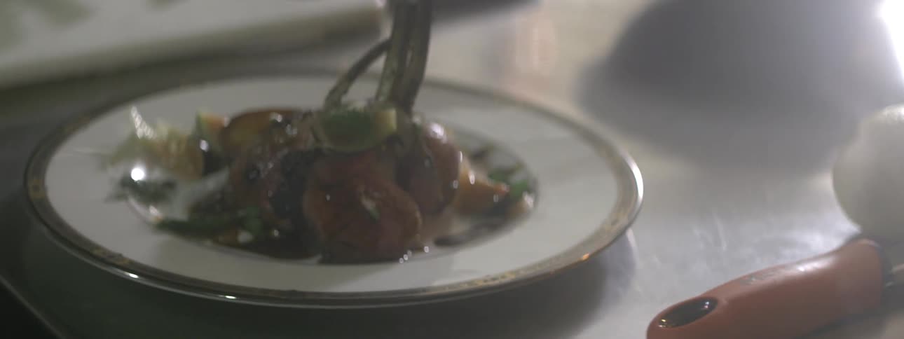 A plate of food sits on a table
