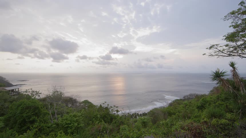 Calm waters ebb and flow against a beach and tree lined coast