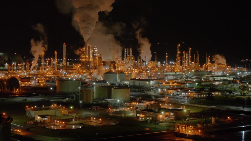 A nighttime traverse of a brightly lit oil refinery with oil tanks in the foreground