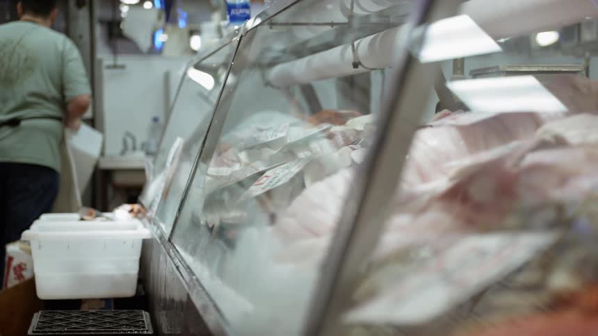 Meat display cases in a butchers shop