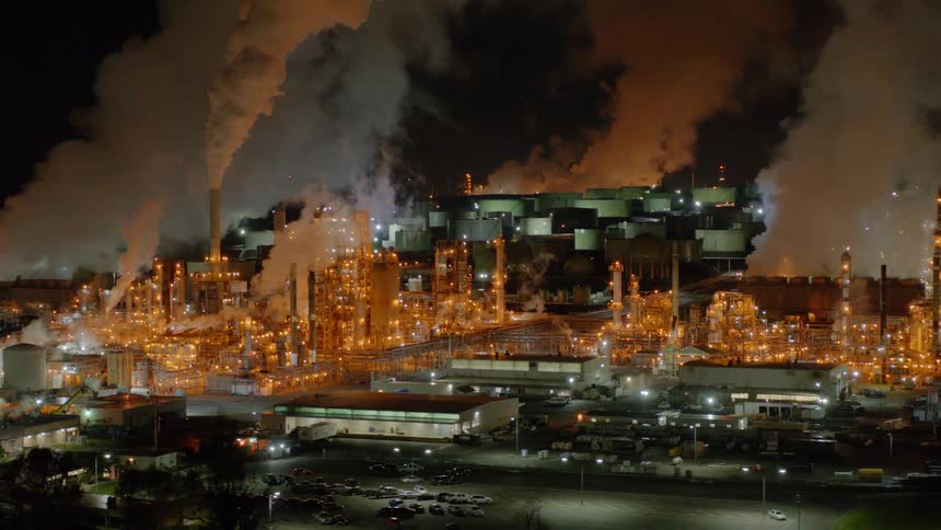 Aerial view of significant carbon emissions from a large industrial refinery