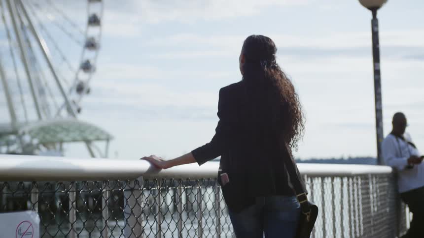 A portrait of a young black woman looking at the ferris wheel