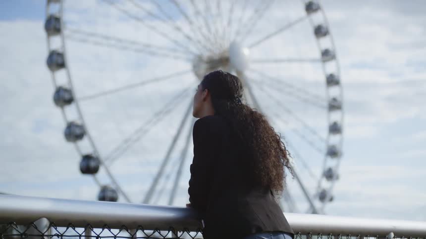 Woman leaning on fence looks up to ferris wheel