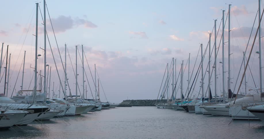 Two rows of ships docked at a marina