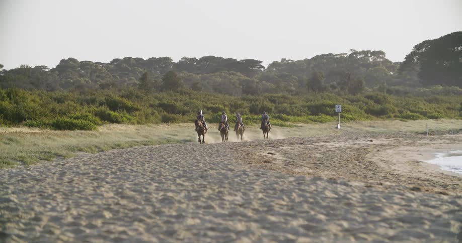 A group of people ride horses down a sandy coast