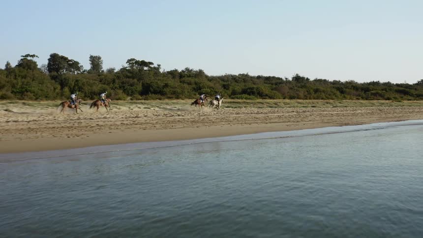 Many race on horses by the water