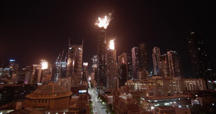 Footage of beautiful fireworks from the city skyline