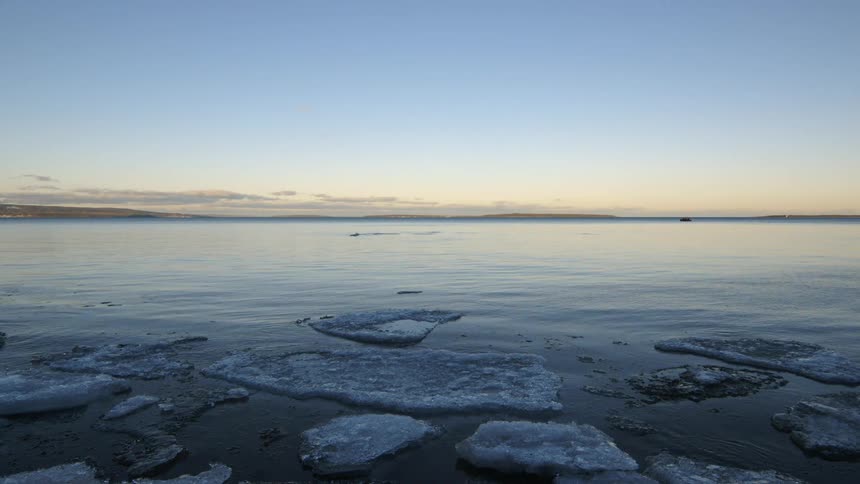 Broken ice floating on top of a body of gently rippling water