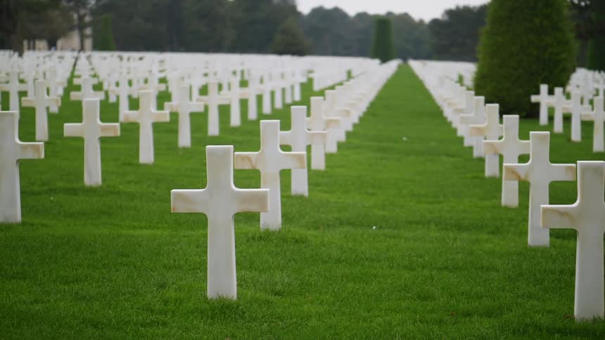 White crosses are lined up in rows on a grassy lawn in a cemetery