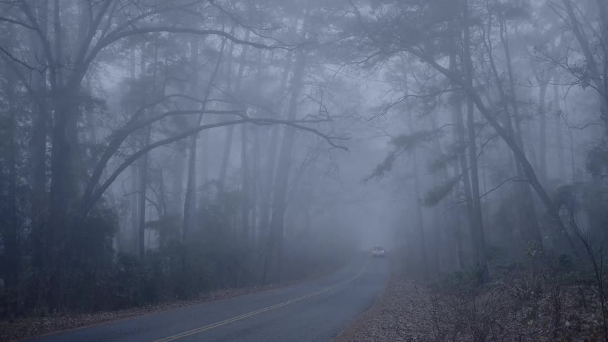 A drive down the foggy road