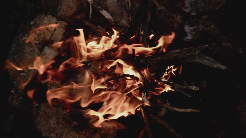 The fire burns the branches in the camp