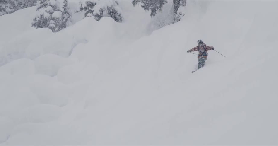 A skier glides down a snowy mountainside during a blizzard