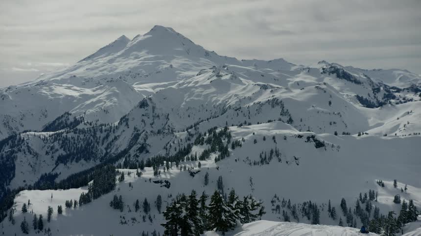 A snow covered mountain range and surrounding forest