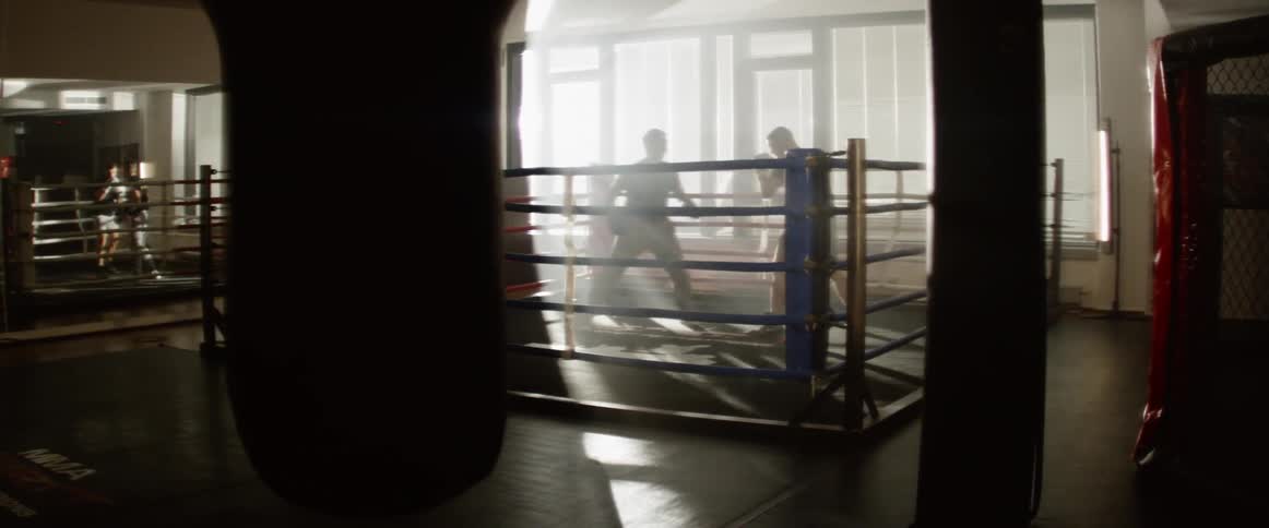 Men are sparring in two boxing rings in a gym early in the morning