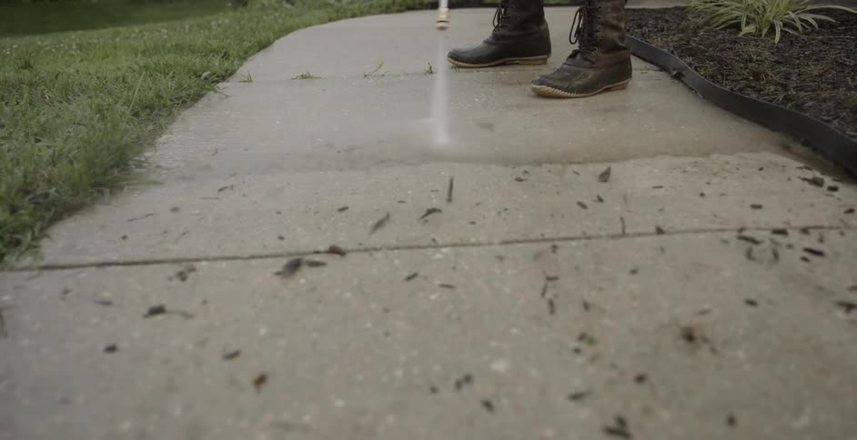 A man is spraying a hose on the sidewalk to clean it
