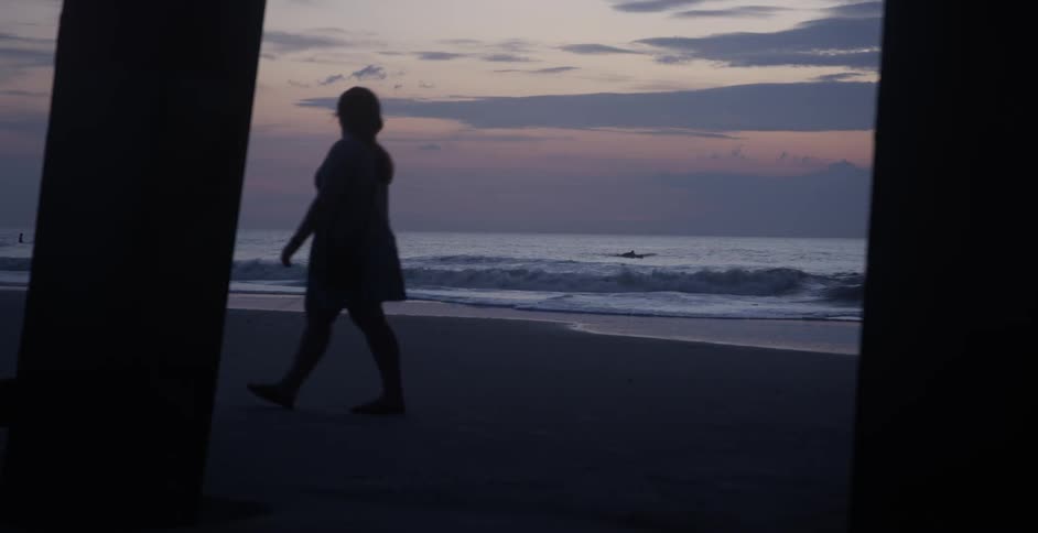 Woman walks dog on beach after dusk