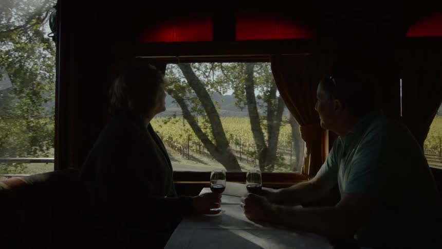 A man and woman enjoy a glass of wine while looking out the window of a train traveling through wine country