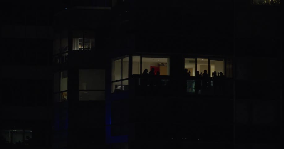 An apartment with glass walls viewed from outside at night