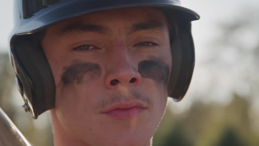 A baseball player with a thin moustache has his bat shouldered