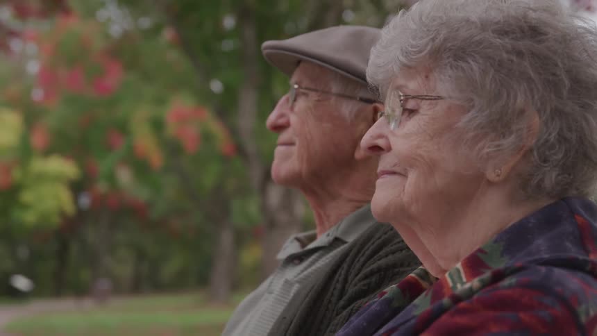 An older couple sits in a park