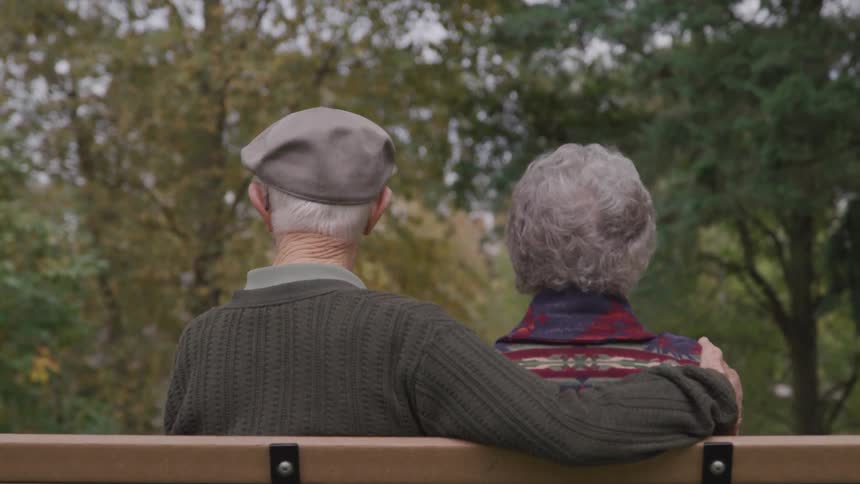 Elderly male has his arm on elderly females shoulder as they sit on a bench together looking at the trees