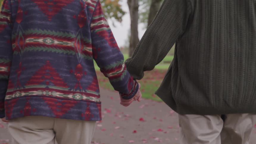 An elderly man and woman hold hands while walking along a park path covered in fallen leafs