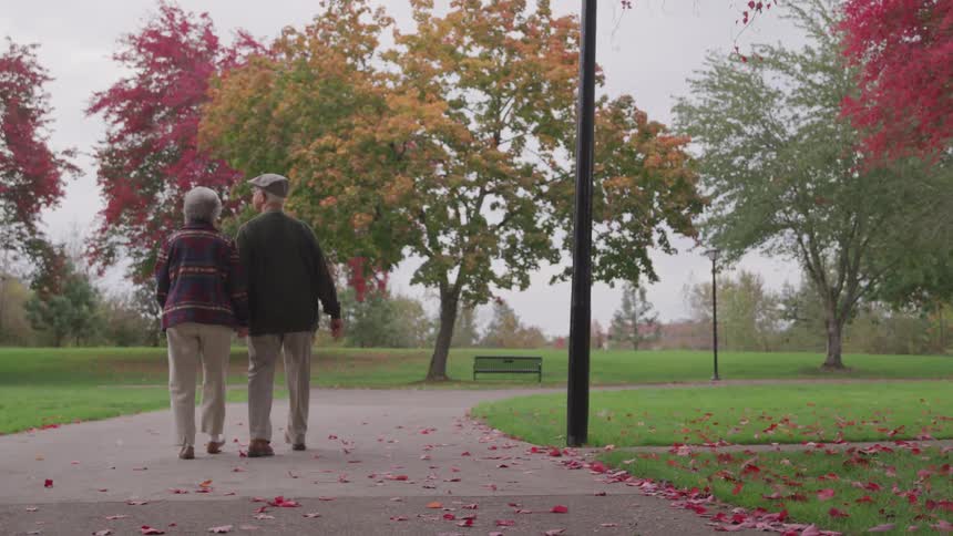 An elderly couple holding hands while walking along a park path covered in fallen magenta leaves