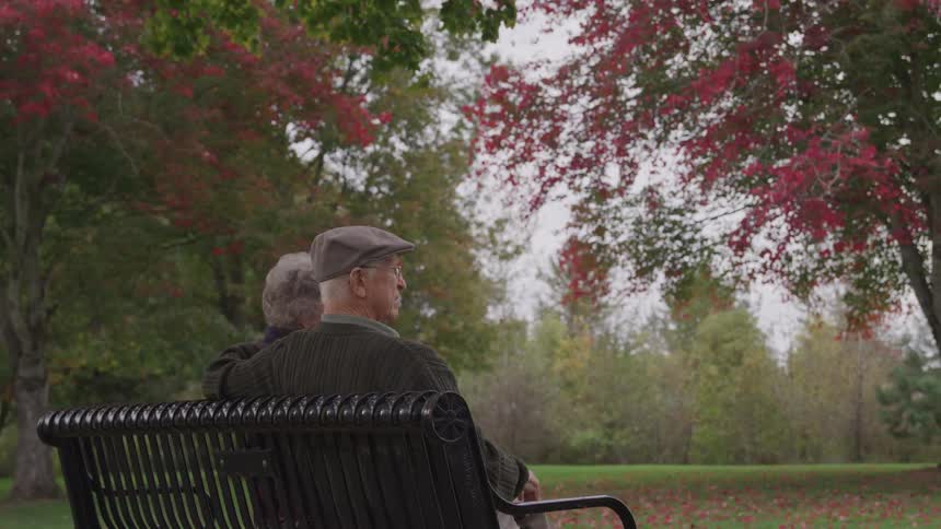 Older couple relaxing on park bench taking and enjoying the outdoors