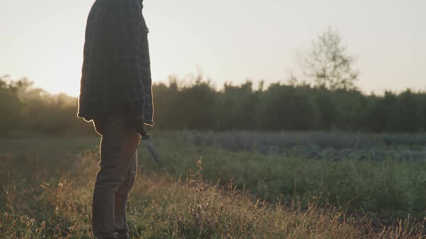 A man stands idly in a field while holding a knife in his hand and the sun sets below the nearby trees