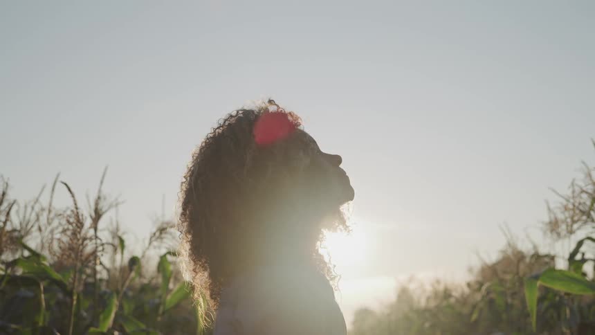 A woman stands between two rows of corn in a field and stares into the sky