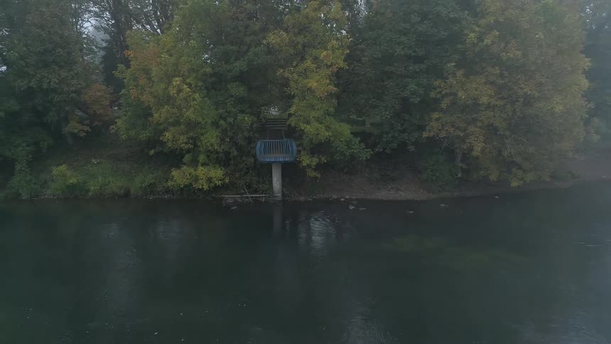 A walkway extends outwards from a lake shore