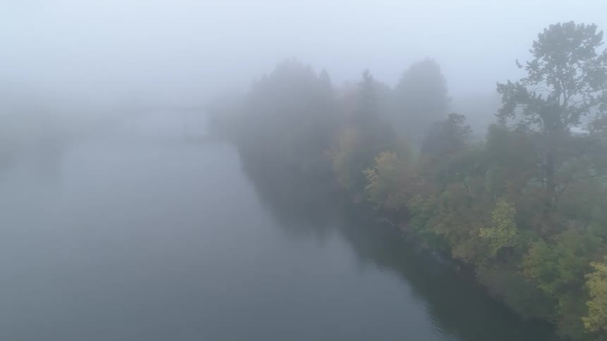 An aerial view of a river and trees on a foggy day