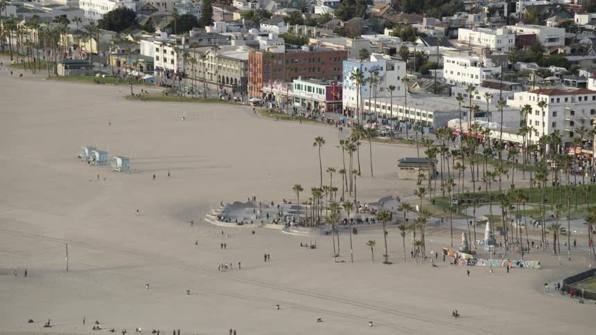 Aerial establishing shot of Venice Beach; Muscle Beach