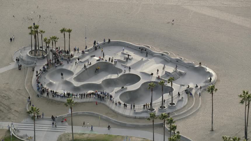 Aerial view of the Venice Beach Skate Park from a helicopter