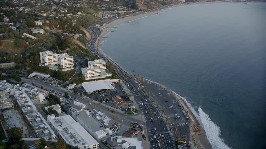 Aerial establishing shot of Malibu and Santa Monica along the Pacific Coast Highway