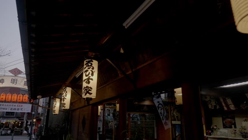 Paper lanterns light up businesses along a sidewalk in a city chinatown district