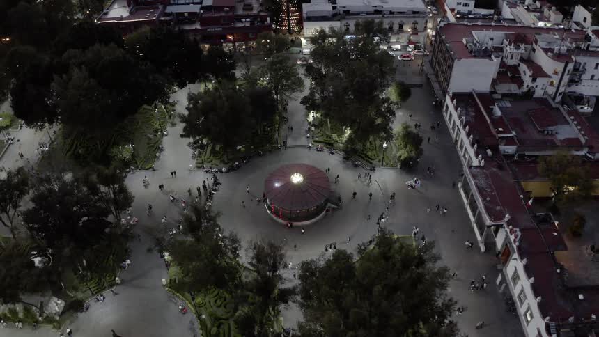 An aerial view of a city plaza